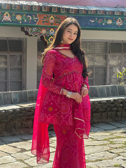 Chiffon Bandhej Bandhani Print Sharara Set with Mirror Work | Kurti, Sharara & Dupatta