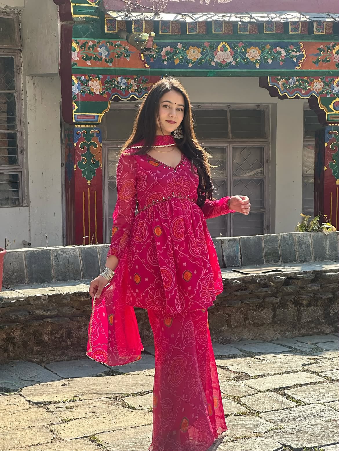 Chiffon Bandhej Bandhani Print Sharara Set with Mirror Work | Kurti, Sharara & Dupatta