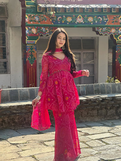 Chiffon Bandhej Bandhani Print Sharara Set with Mirror Work | Kurti, Sharara & Dupatta