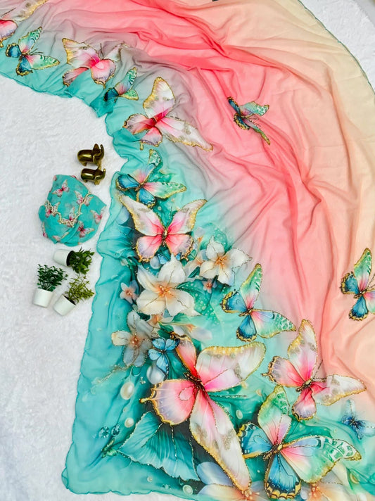 Chiffon Floral Digital Print Saree with Arco Lace Border and Blouse