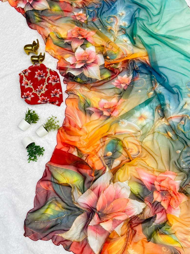 Chiffon Floral Digital Print Saree with Arco Lace Border and Blouse