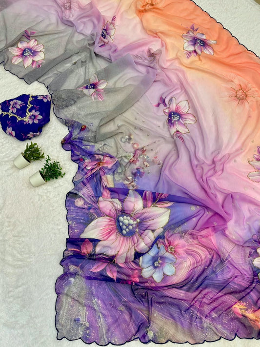 Chiffon Floral Digital Print Saree with Arco Lace Border and Blouse