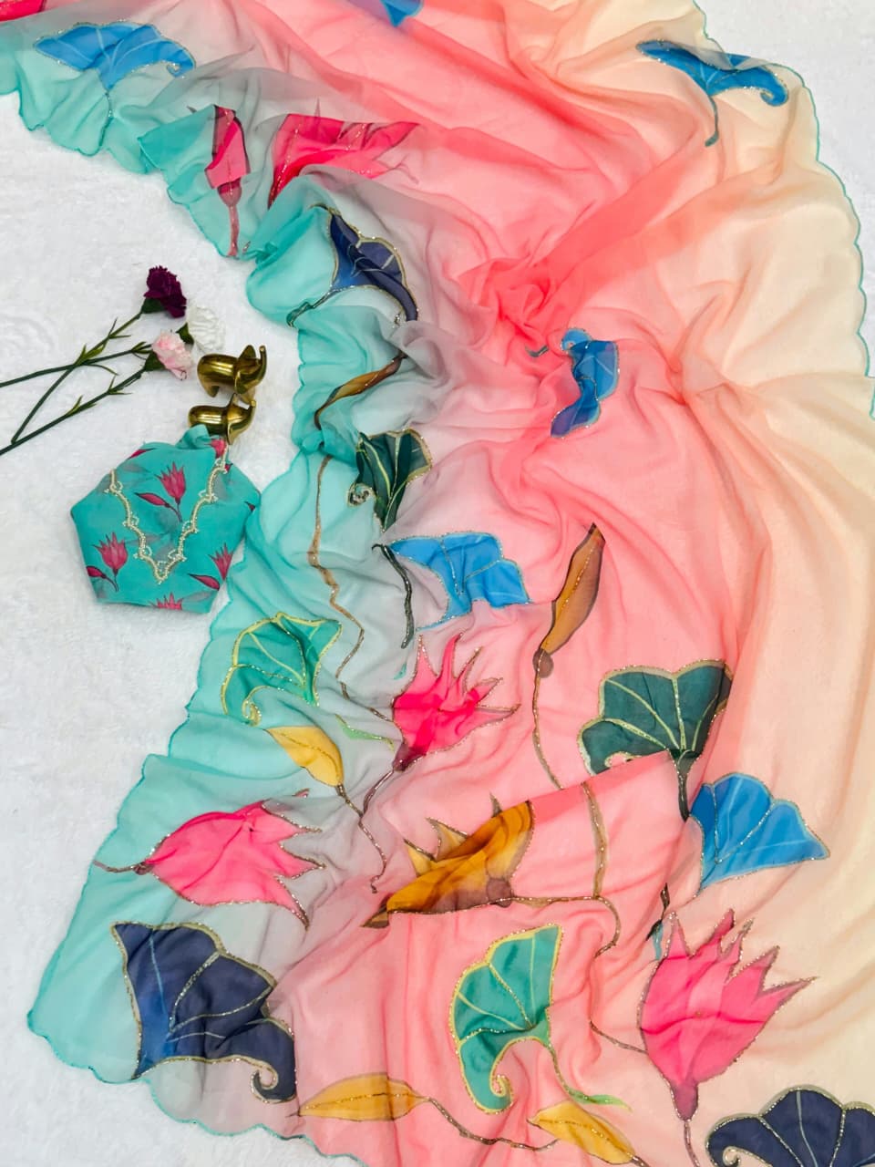 Chiffon Floral Digital Print Saree with Arco Lace Border and Blouse