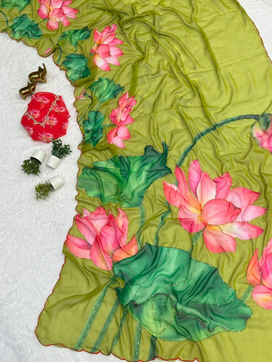 Chiffon Floral Digital Print Saree with Arco Lace Border and Blouse