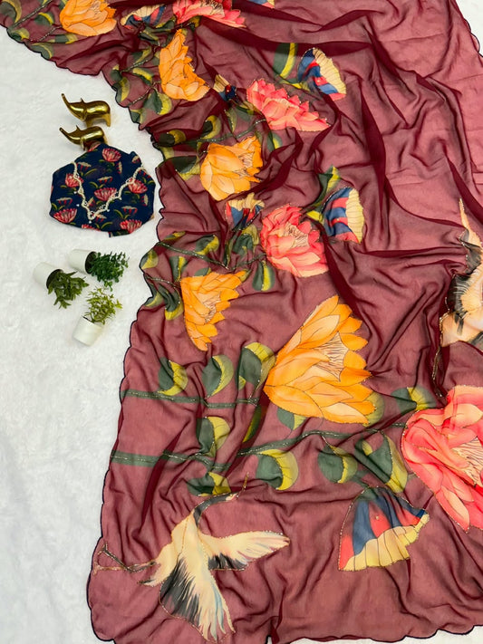 Chiffon Floral Digital Print Saree with Arco Lace Border and Blouse