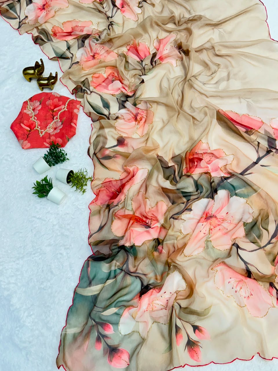 Chiffon Floral Digital Print Saree with Arco Lace Border and Blouse