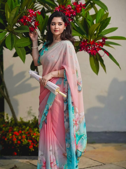 Chiffon Floral Digital Print Saree with Arco Lace Border and Blouse