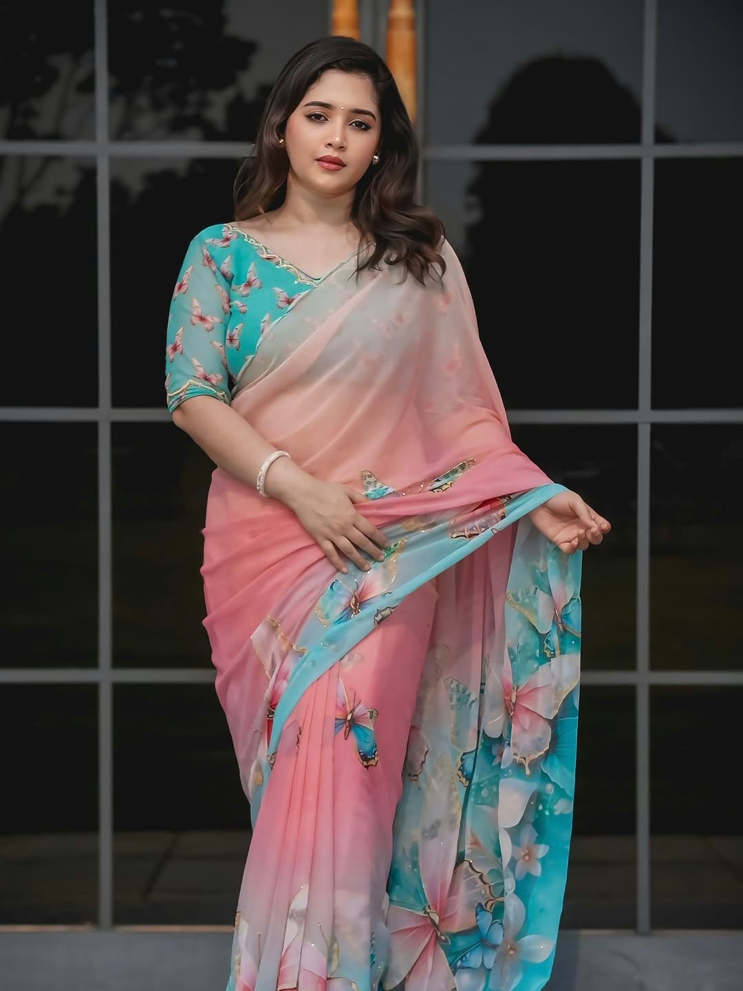 Chiffon Floral Digital Print Saree with Arco Lace Border and Blouse
