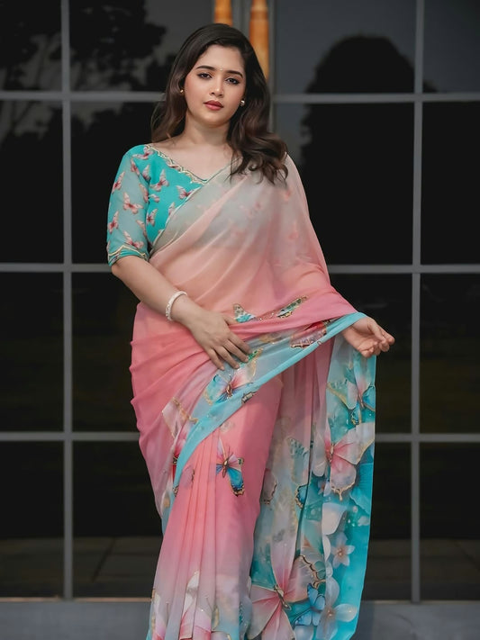 Chiffon Floral Digital Print Saree with Arco Lace Border and Blouse