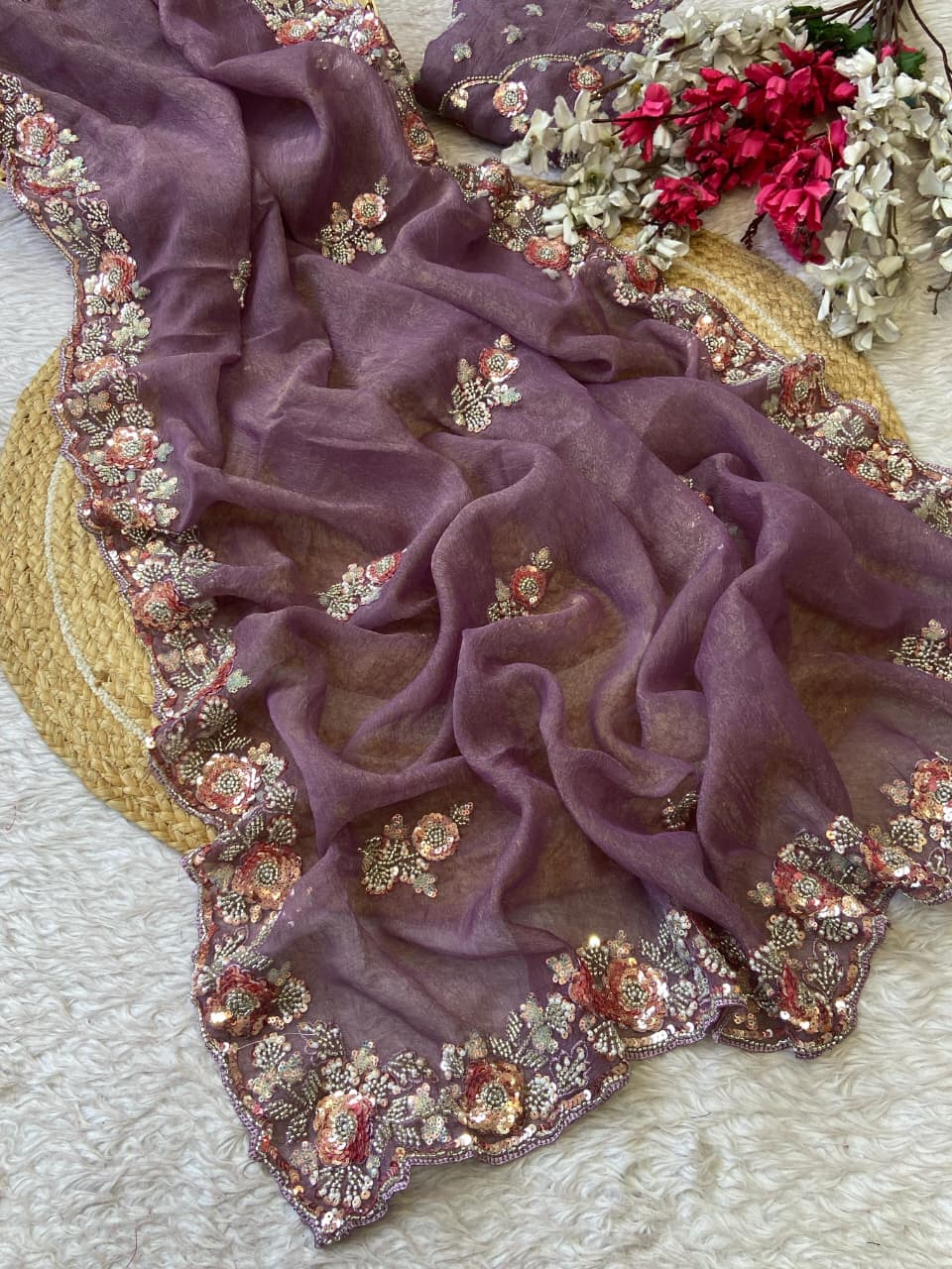 Chiffon Saree with Beads Work and Blouse