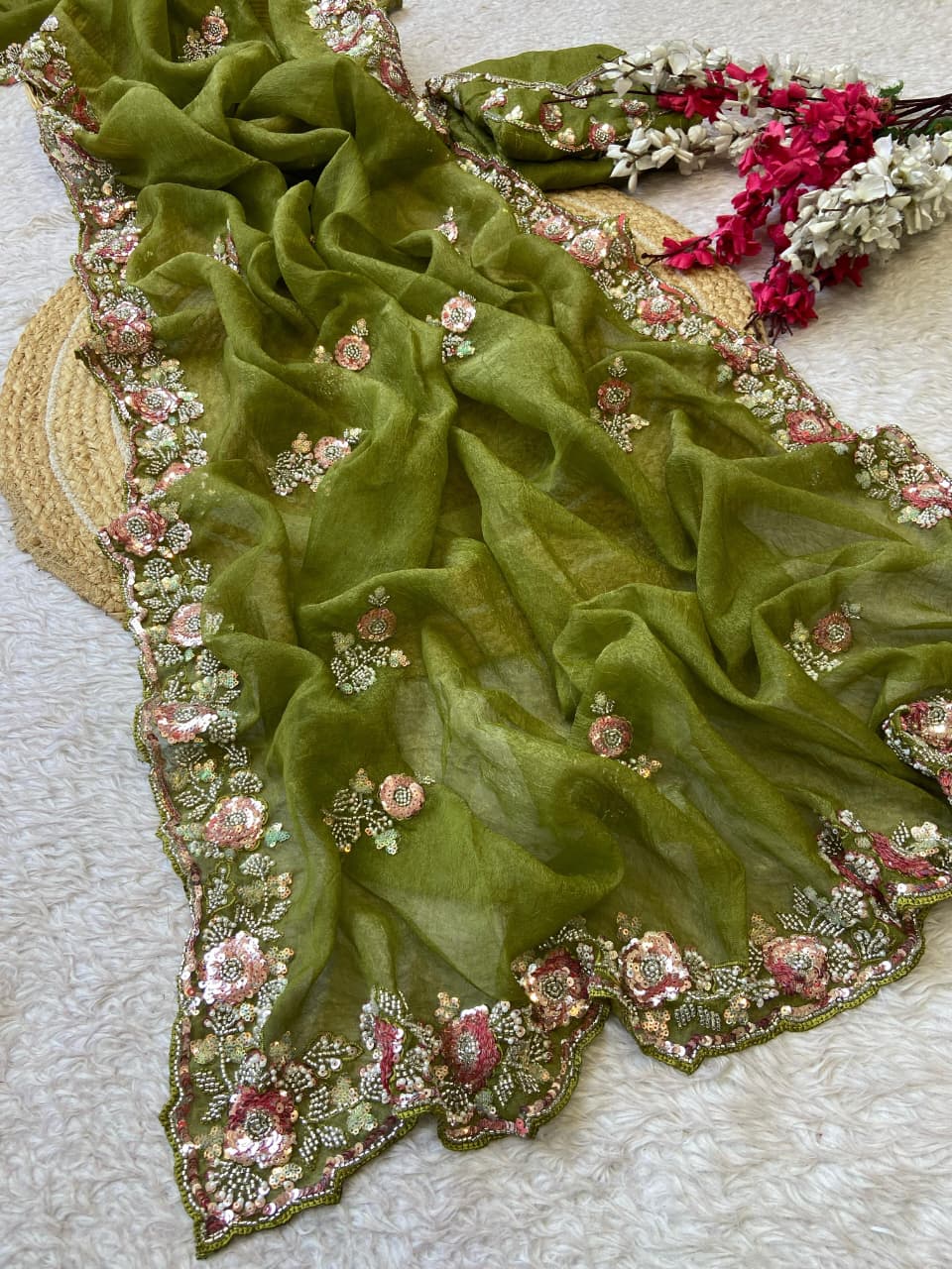 Chiffon Saree with Beads Work and Blouse