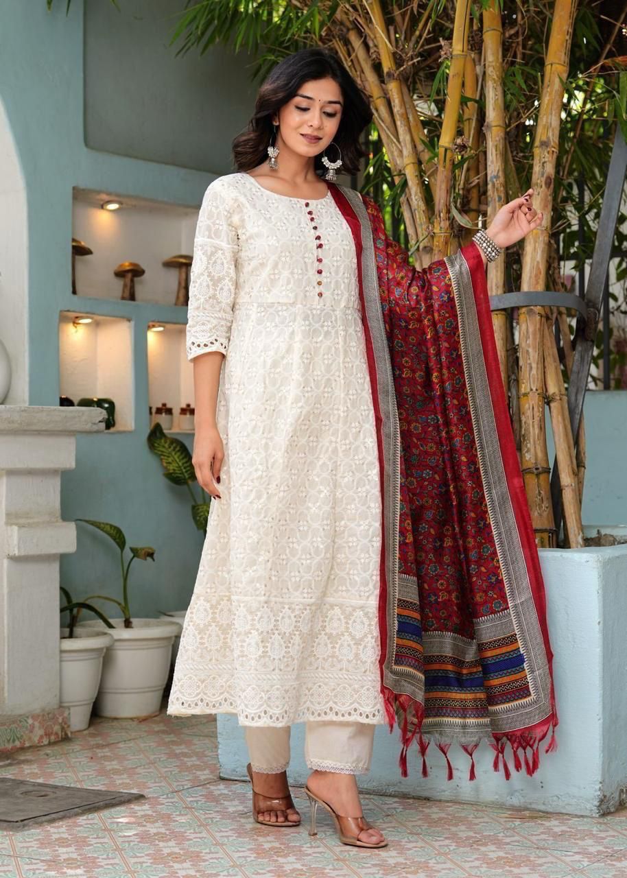 Chikankari Cotton Anarkali Kurti Pant Set with Silk Chanderi Digital Print Dupatta