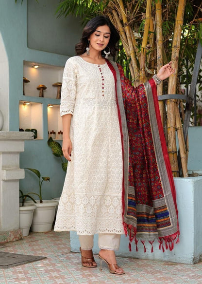 Chikankari Cotton Anarkali Kurti Pant Set with Silk Chanderi Digital Print Dupatta