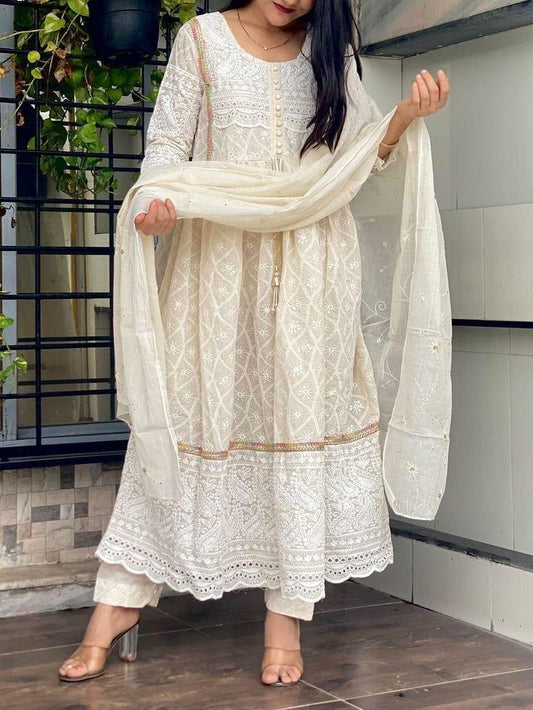 Chikankari Kurti with Pant and Chanderi Dupatta - Embroidered, Tassels, and Sequins Work