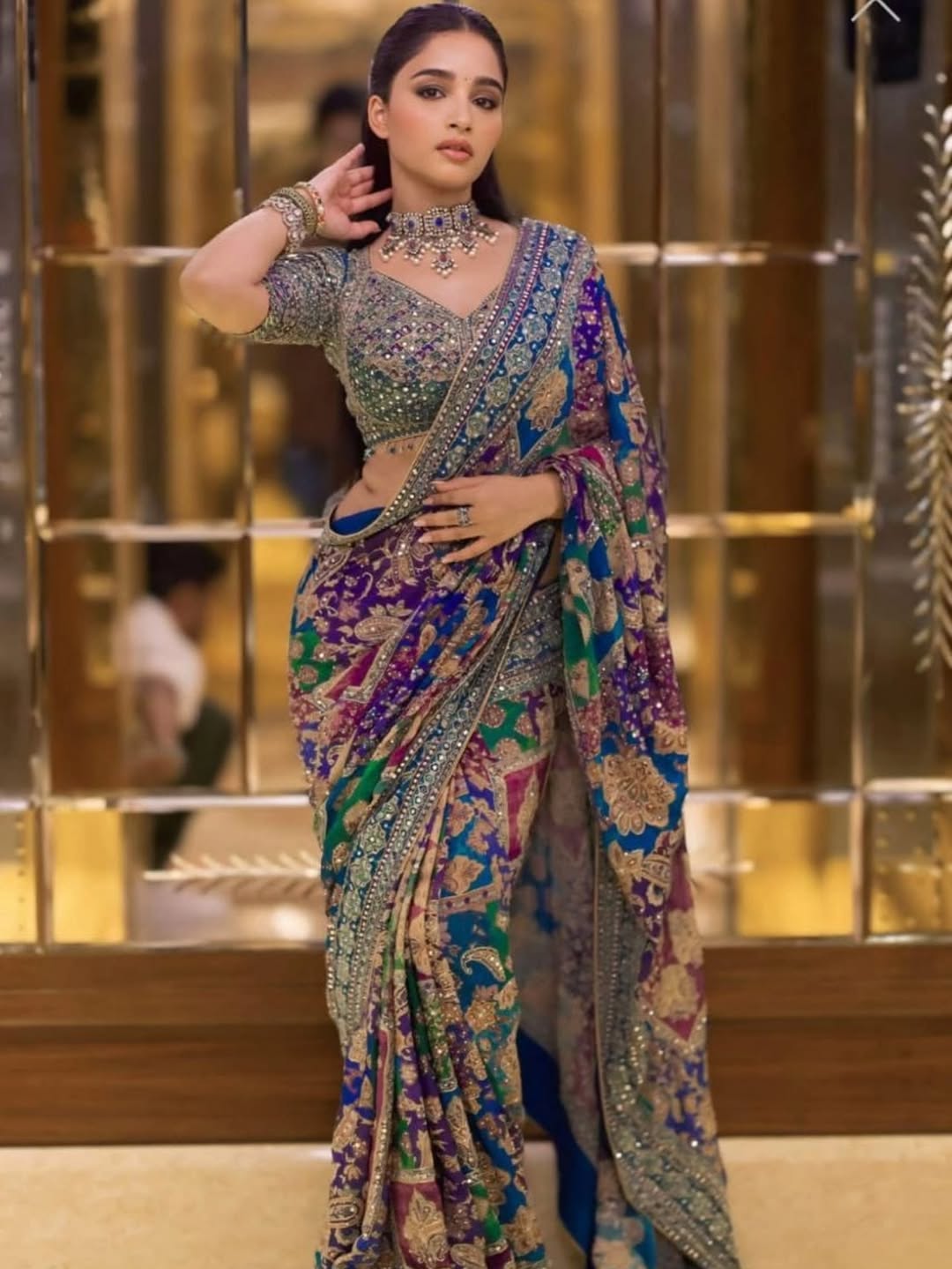 Chinnon Digital Print Saree with Aari & Mirror Work