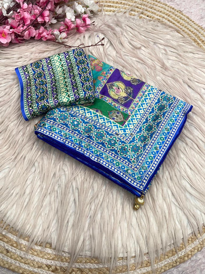 Chinnon Digital Print Saree with Aari & Mirror Work