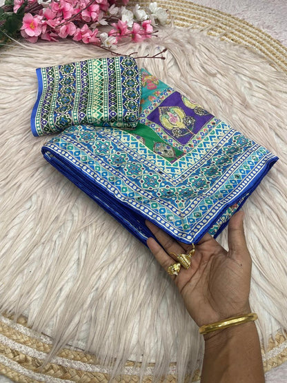 Chinnon Digital Print Saree with Aari & Mirror Work