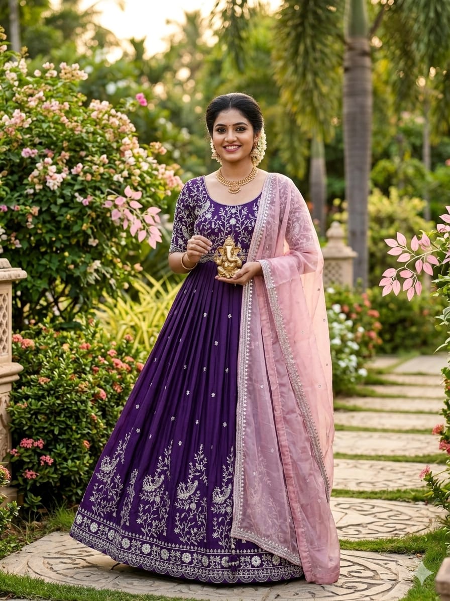 Chinnon Silk Peacock Embroidered Gown with Dupatta