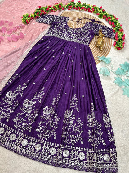 Chinnon Silk Peacock Embroidered Gown with Dupatta