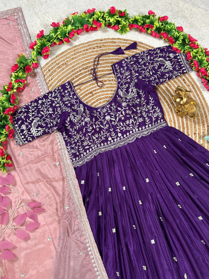 Chinnon Silk Peacock Embroidered Gown with Dupatta