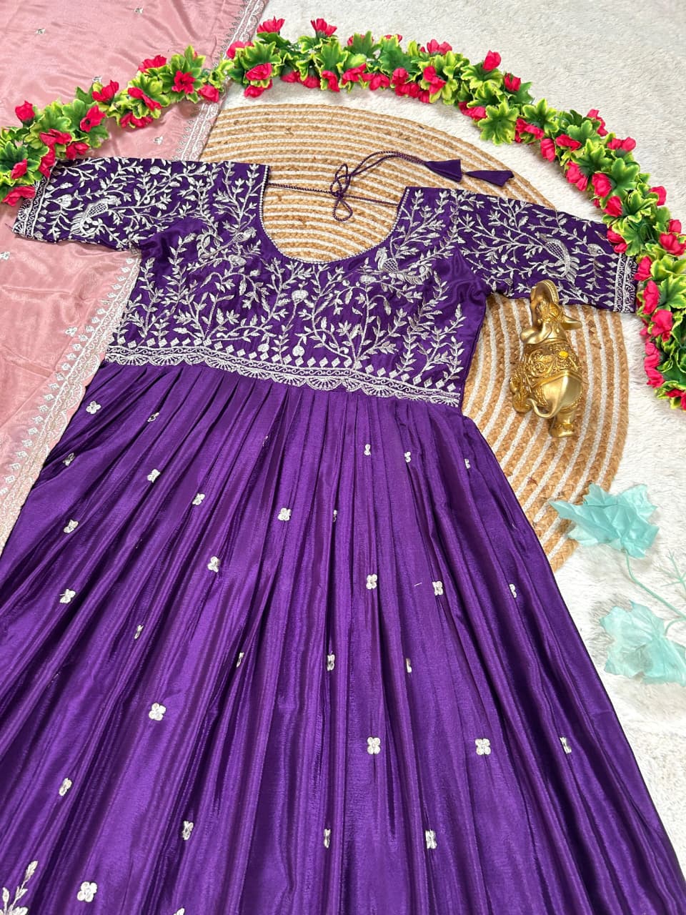 Chinnon Silk Peacock Embroidered Gown with Dupatta