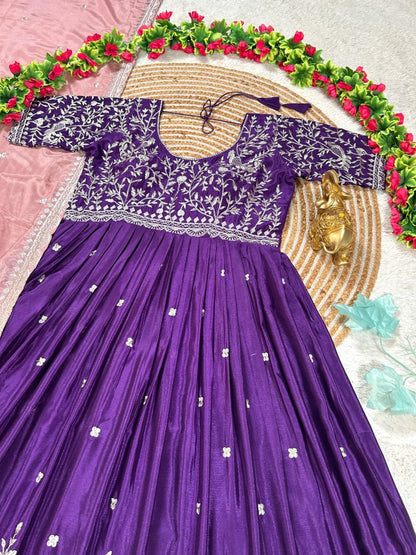 Chinnon Silk Peacock Embroidered Gown with Dupatta