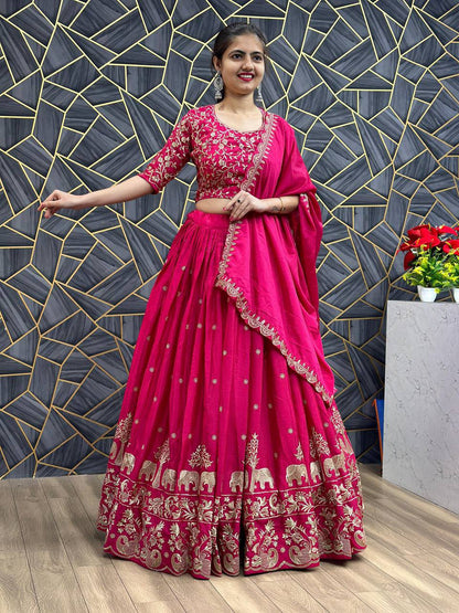 Chinon Embroidered Thread Work Lehenga Choli Set with Dupatta