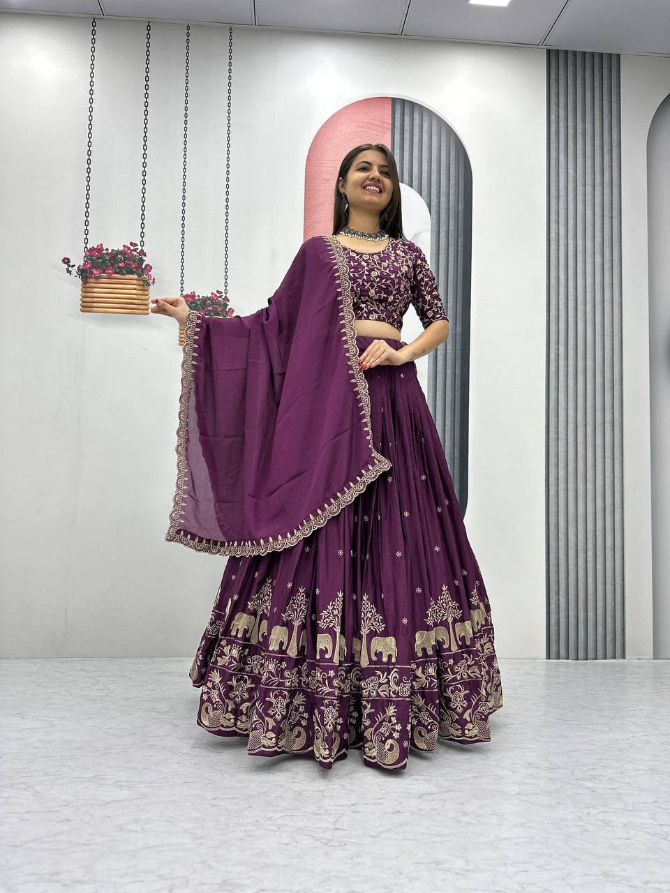 Chinon Embroidered Thread Work Lehenga Choli Set with Dupatta