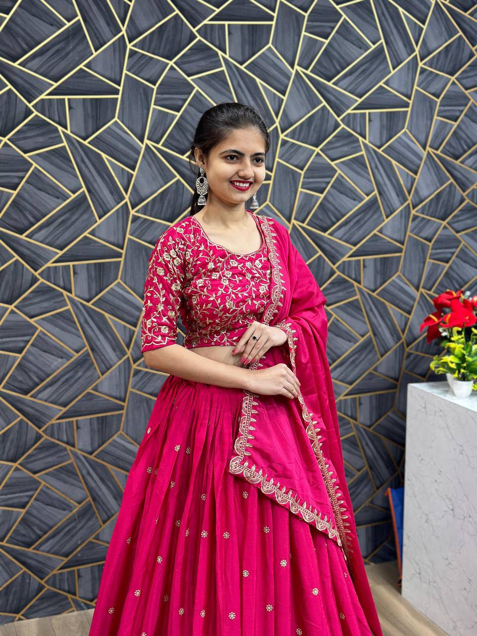 Chinon Embroidered Thread Work Lehenga Choli Set with Dupatta