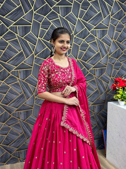 Chinon Embroidered Thread Work Lehenga Choli Set with Dupatta