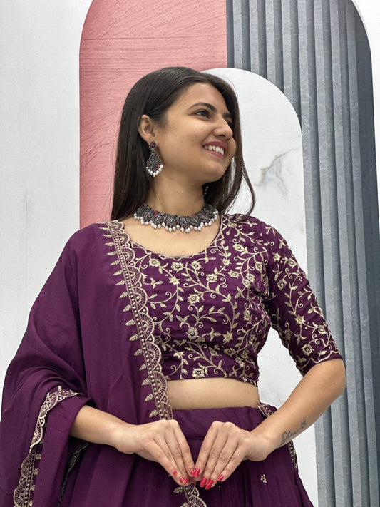 Chinon Embroidered Thread Work Lehenga Choli Set with Dupatta