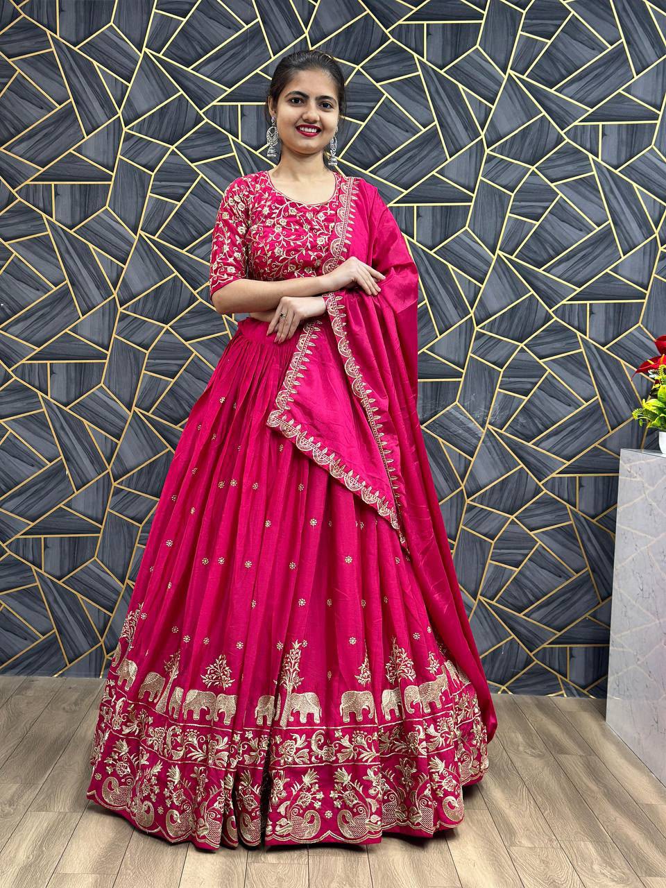 Chinon Embroidered Thread Work Lehenga Choli Set with Dupatta