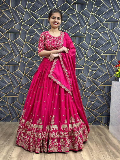 Chinon Embroidered Thread Work Lehenga Choli Set with Dupatta