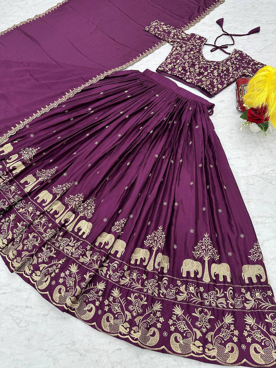 Chinon Embroidered Thread Work Lehenga Choli Set with Dupatta