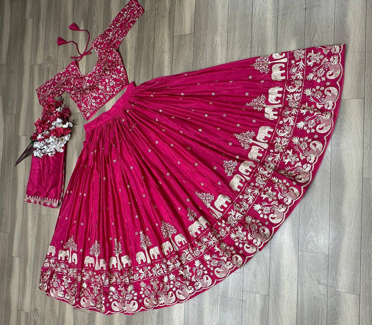 Chinon Embroidered Thread Work Lehenga Choli Set with Dupatta
