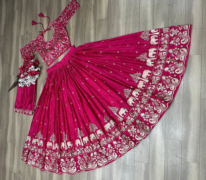 Chinon Embroidered Thread Work Lehenga Choli Set with Dupatta