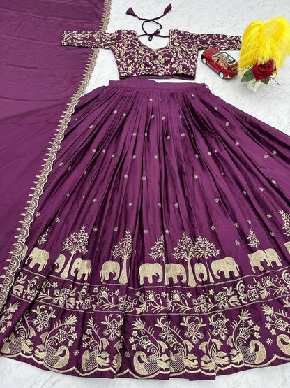 Chinon Embroidered Thread Work Lehenga Choli Set with Dupatta