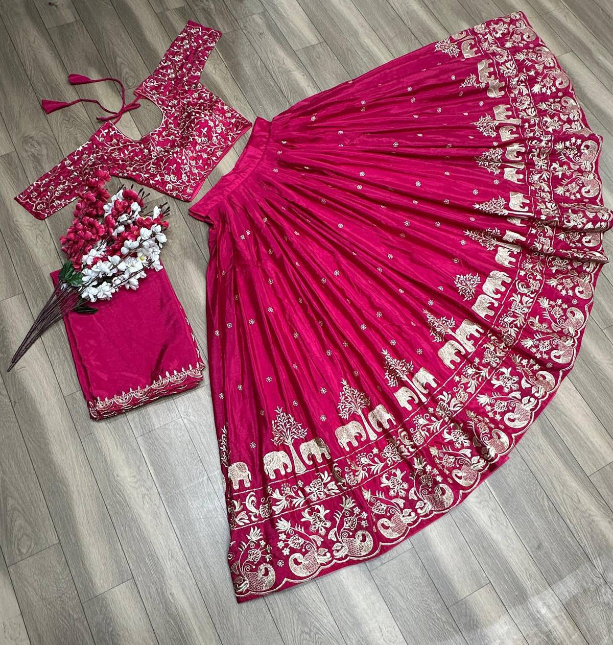 Chinon Embroidered Thread Work Lehenga Choli Set with Dupatta