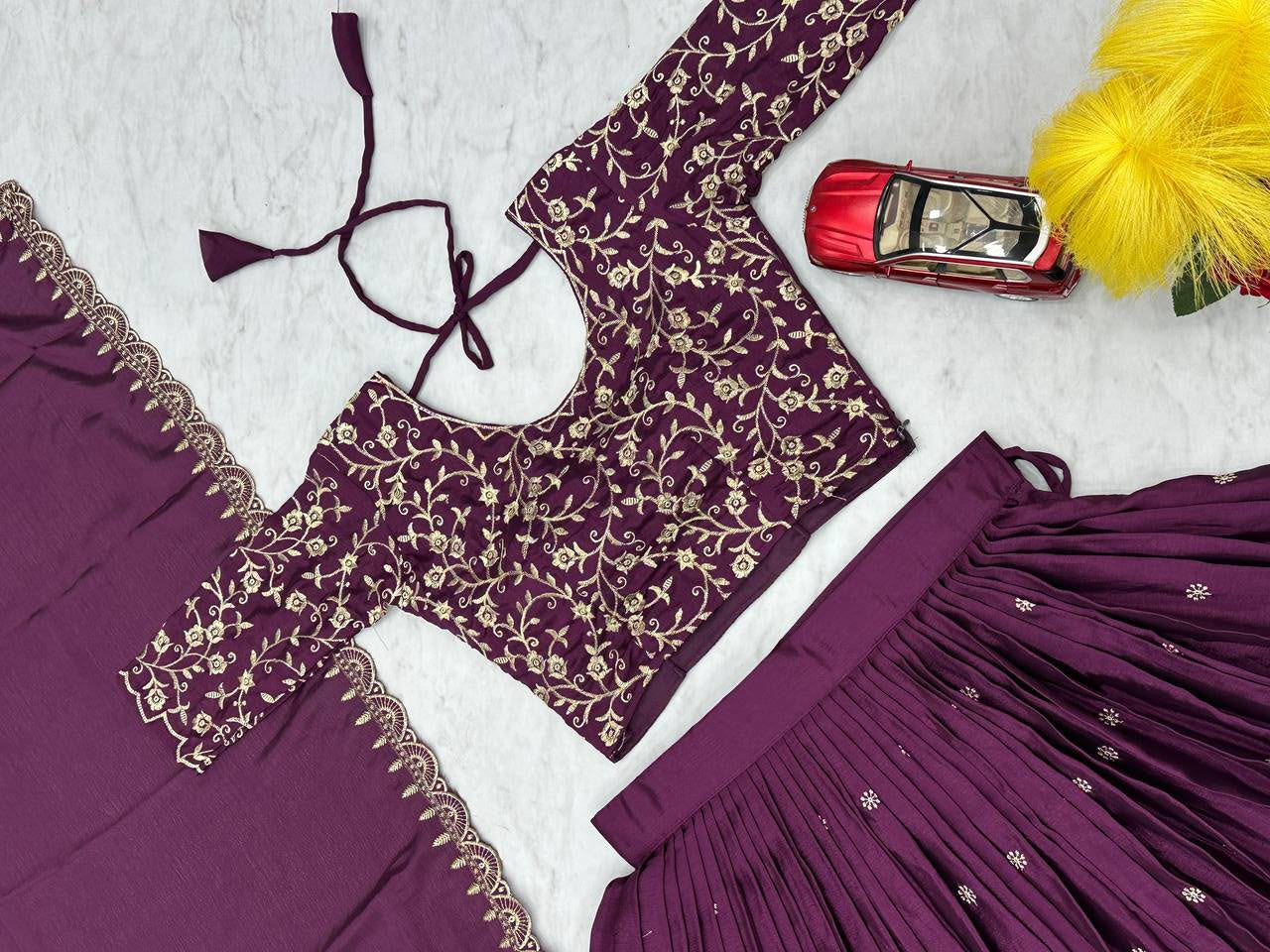 Chinon Embroidered Thread Work Lehenga Choli Set with Dupatta