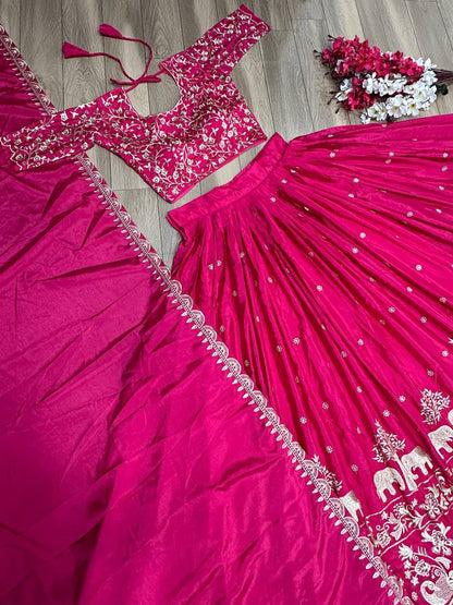 Chinon Embroidered Thread Work Lehenga Choli Set with Dupatta
