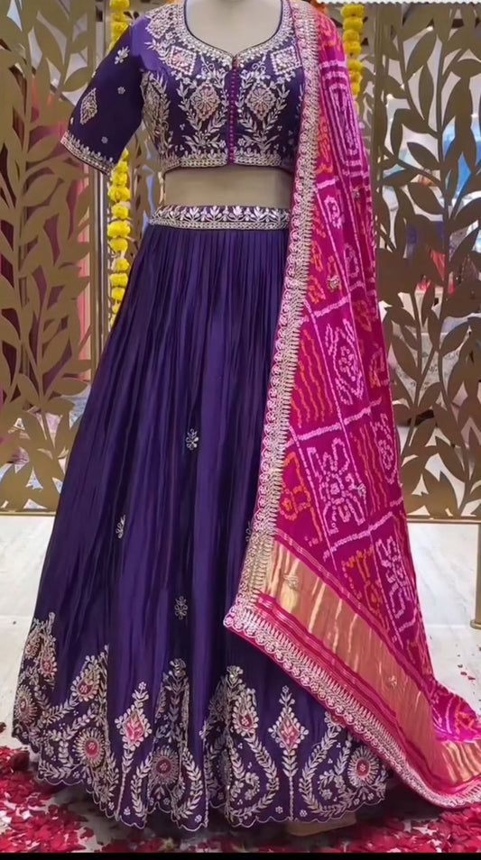 Chinon Embroidery Work Lehenga Choli Set with Gota Patti Work & Digital Print Dupatta