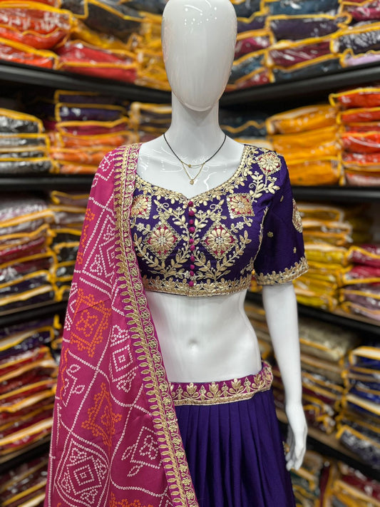 Chinon Embroidery Work Lehenga Choli Set with Gota Patti Work & Digital Print Dupatta