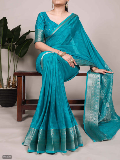 Chinon Saree with Self Print & Zari Weaving Blouse Set