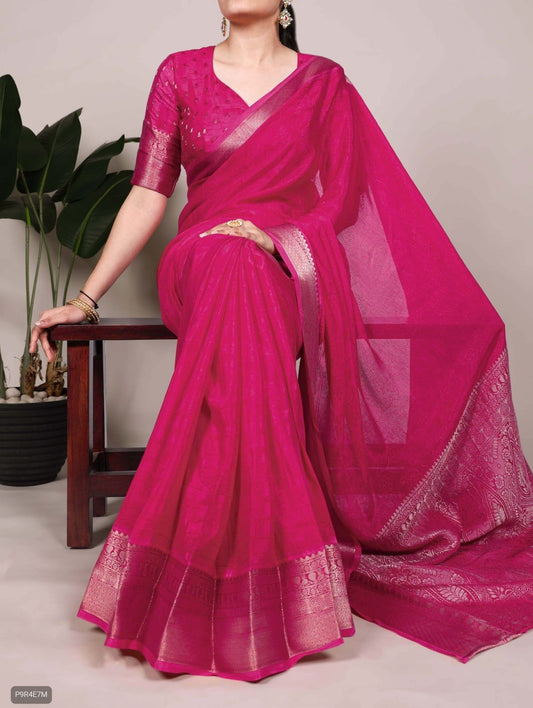 Chinon Saree with Self Print & Zari Weaving Blouse Set