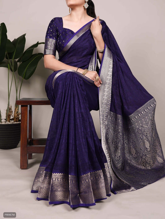 Chinon Saree with Self Print & Zari Weaving Blouse Set