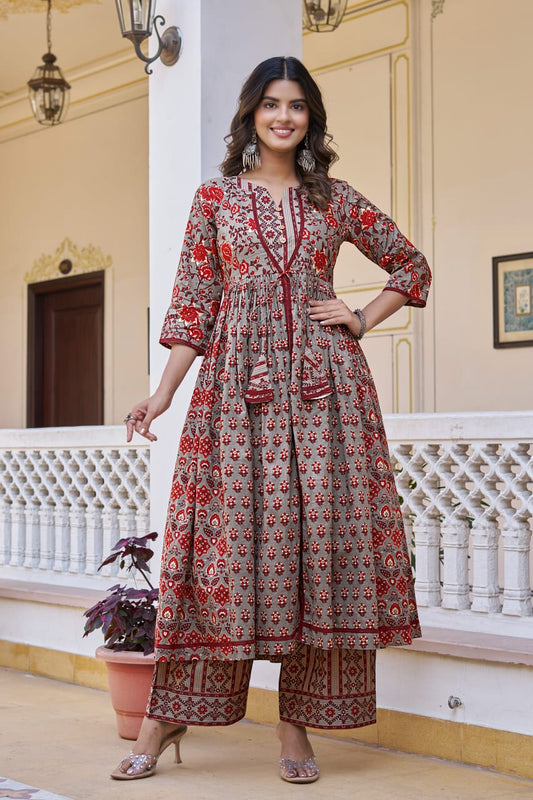 Chocolate Cotton Readymade Kurta with Palazzo Set | Full Sleeve Flared Kurta