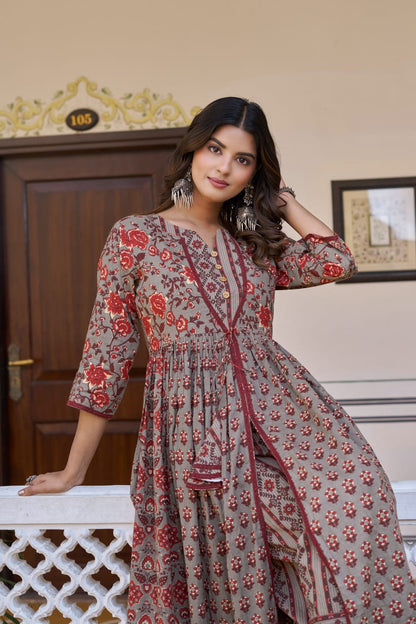 Chocolate Cotton Readymade Kurta with Palazzo Set | Full Sleeve Flared Kurta