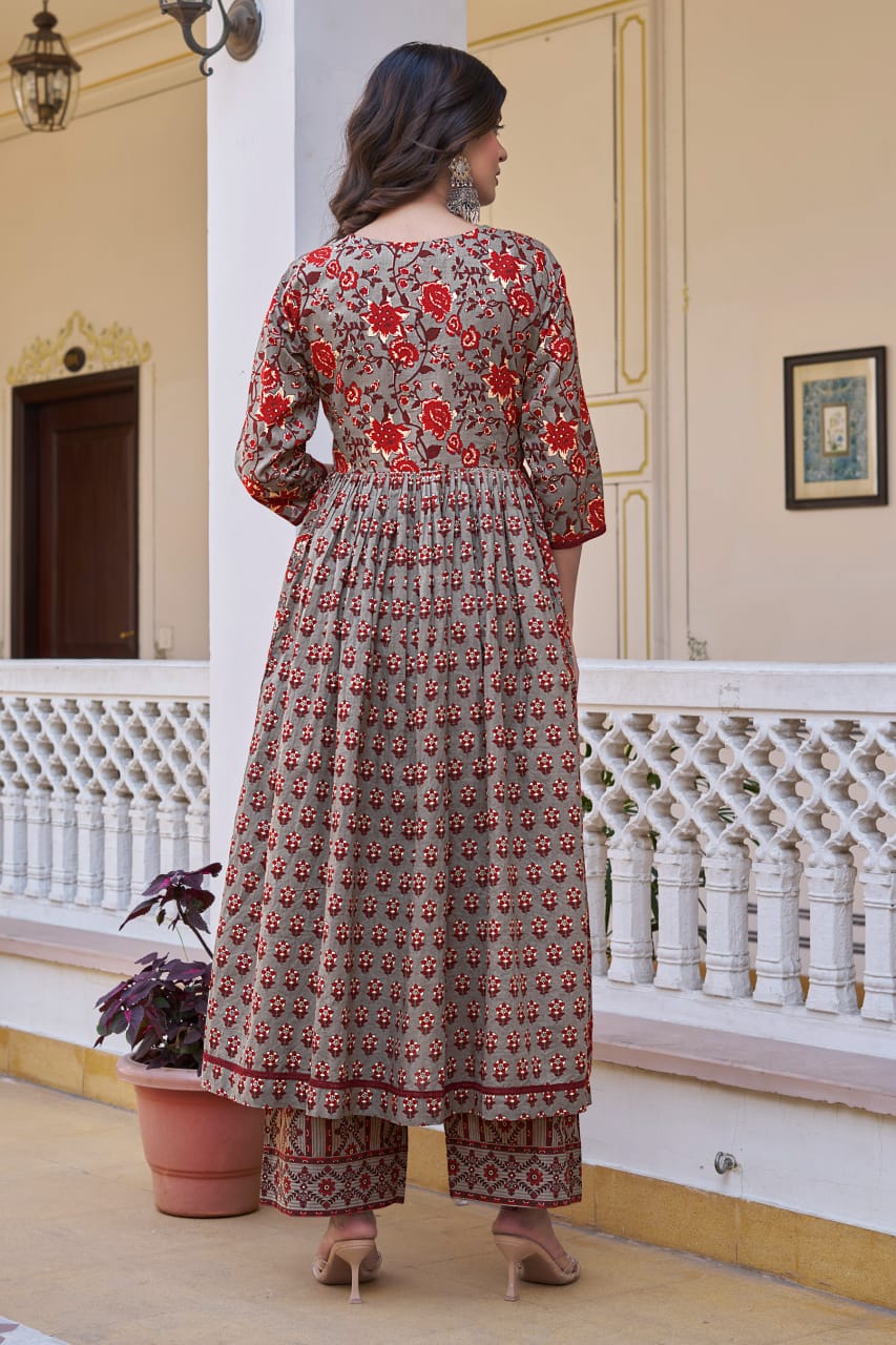 Chocolate Cotton Readymade Kurta with Palazzo Set | Full Sleeve Flared Kurta