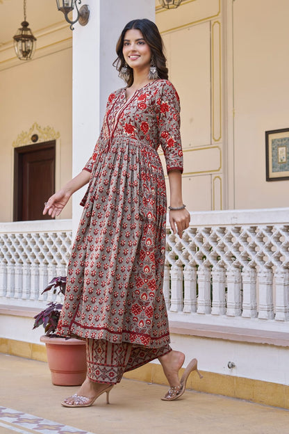 Chocolate Cotton Readymade Kurta with Palazzo Set | Full Sleeve Flared Kurta