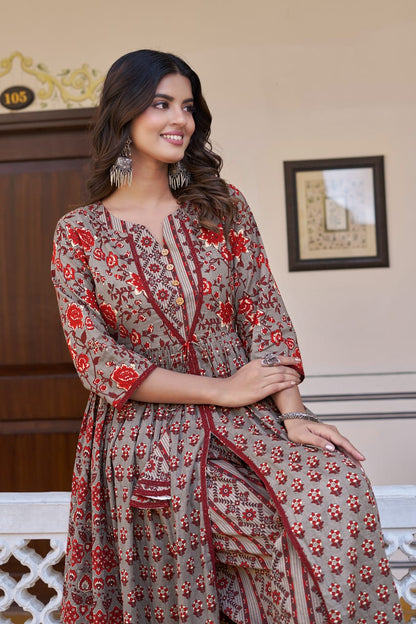 Chocolate Cotton Readymade Kurta with Palazzo Set | Full Sleeve Flared Kurta